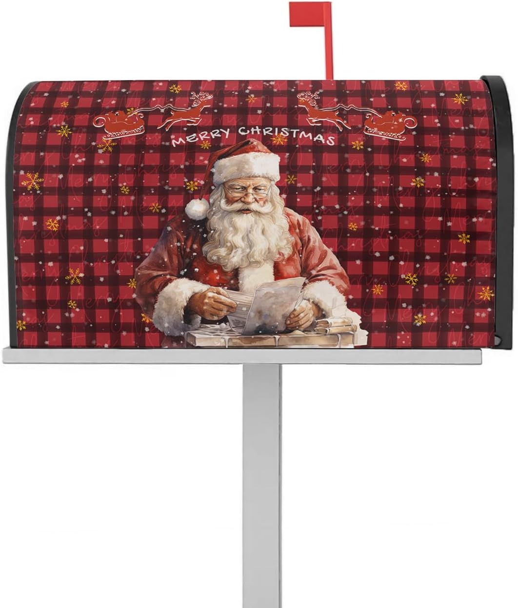 Plaid Santa Claus Mailbox Covers Magnetic Standard Size,Decorative Post Letter Numbers Box Wrap Decoration Covers Small Accessories for Garden Yard Outdoor Décor,Vintage Christmas Snowflake Newspaper