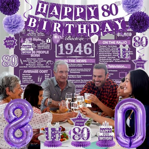 Image of Crenics Purple 80th Birthday Decorations for Women - Back in 1946 Backdrop, Banner, Swirls, Centerpieces, Sash, Paper Pom Poms, Cake Topper and Balloons for 80 Birthday Party Supplies