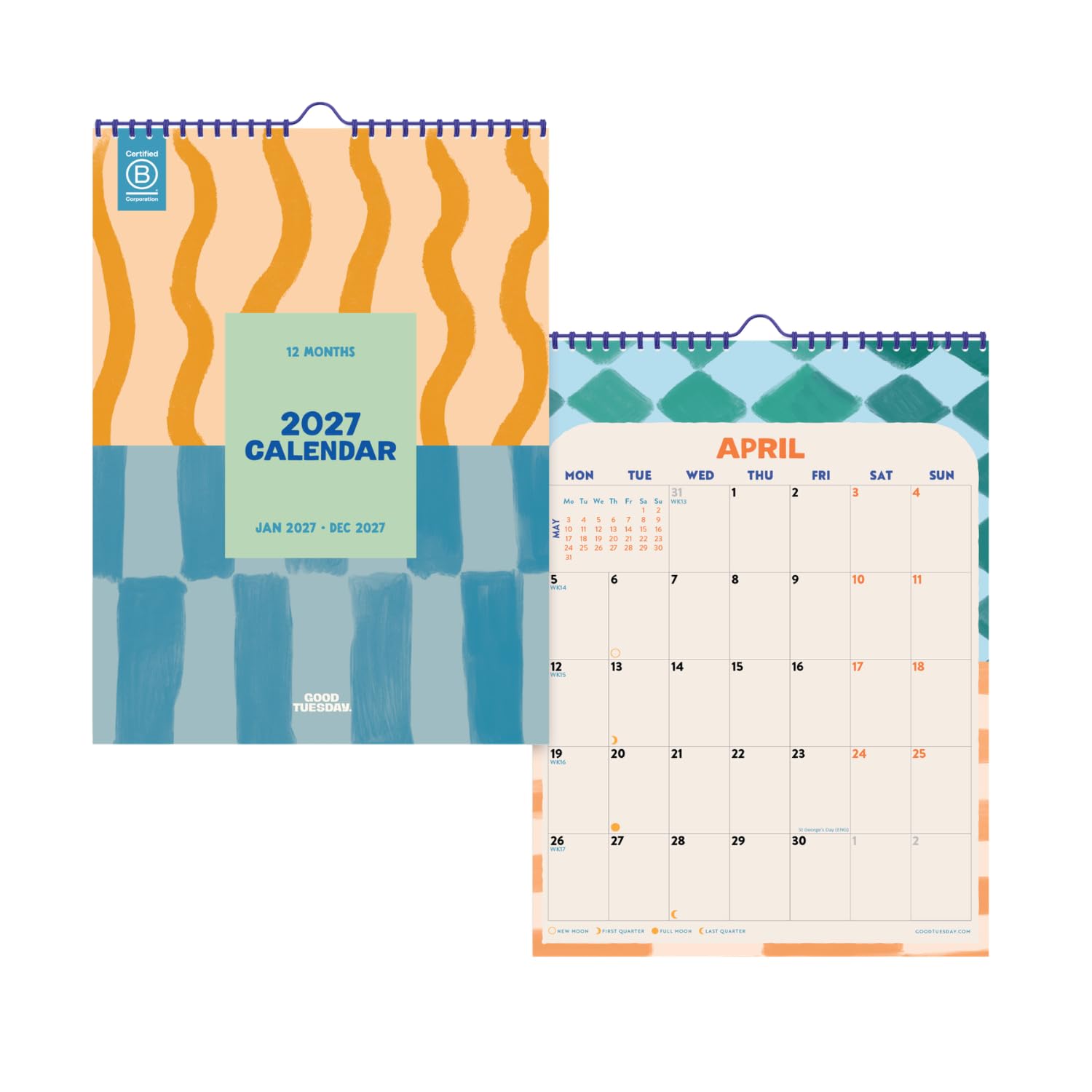 Good Tuesday Coastal Stripe 2027 Wall Calendar | Month to View Layout | A4