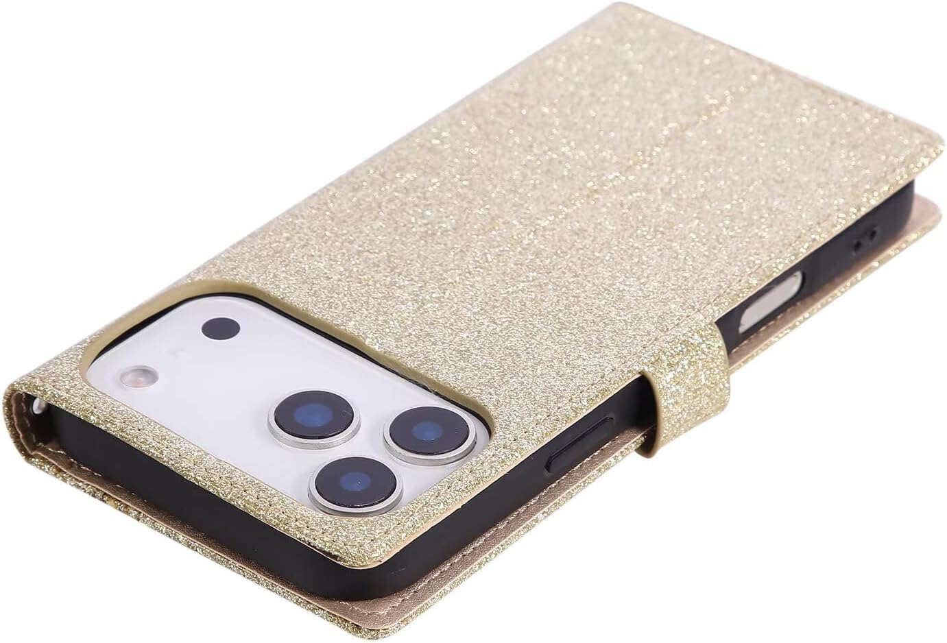 Guppy Compatible with iPhone 17 Pro Max Glitter Wallet Case for Women Luxury Bling Diamond Rhinestone Heart 2 Card Holder Wrist Strap PU Leather Slots Protective Case-Gold - Image 3