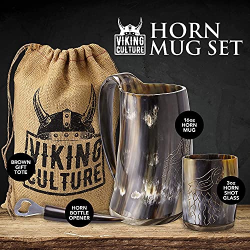 Viking Culture Ox Horn Mug, Shot Glass, And Bottle Opener (3 Pc. Set) Authentic 16-Oz. Ale, Mead, And Beer Tankard | Vintage Stein With Handle | Custom Intricate Design - Polished Finish | Wolf/Fenrir #TOP3