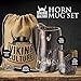 Viking Culture Ox Horn Mug, Shot Glass, and Bottle Opener (3 Pc Set) Authentic 16-oz. Ale, Mead, and Beer Tankard | Vintage Stein with Handle | Custom Intricate Design - Polished Finish | Wolf/Fenrir