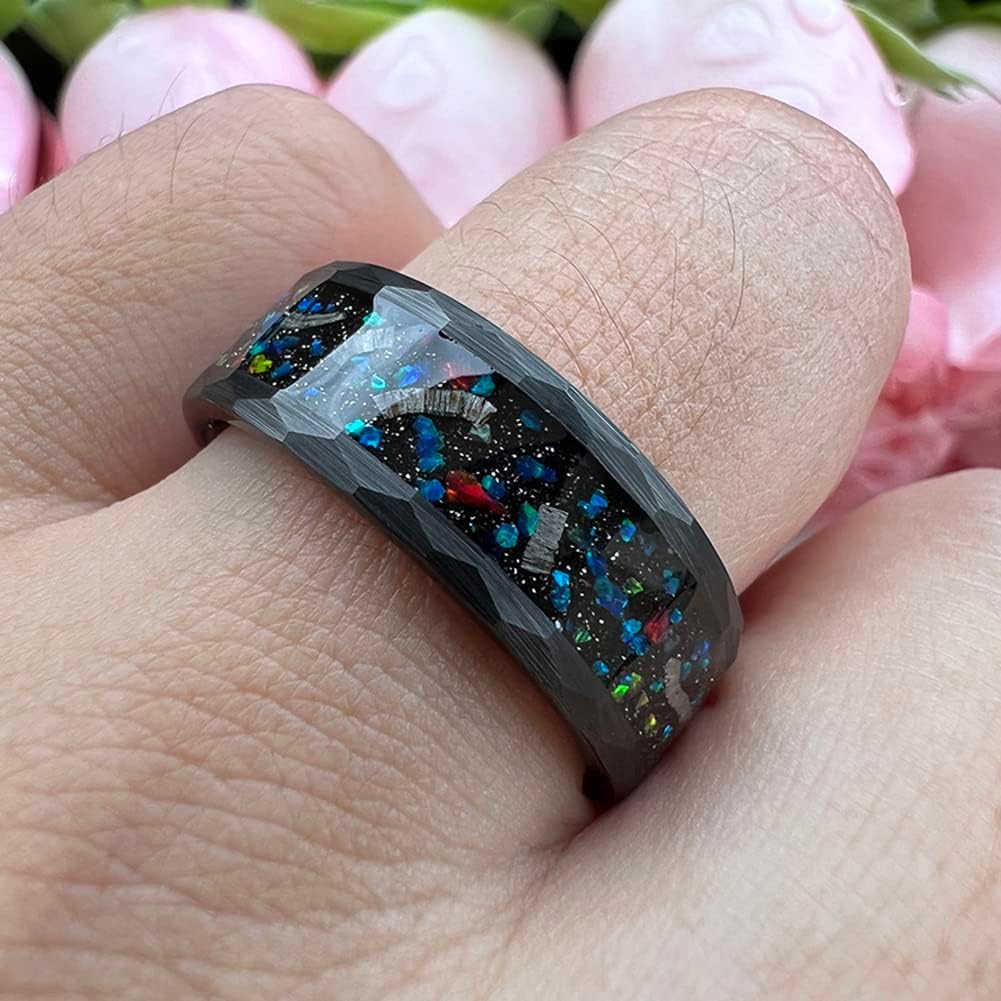 8mm Hammered Tungsten Rings for Men Women Engagement Wedding Bands Geunine Opal Meteorite Inlay Matte Finish Comfort Fit - Image 5