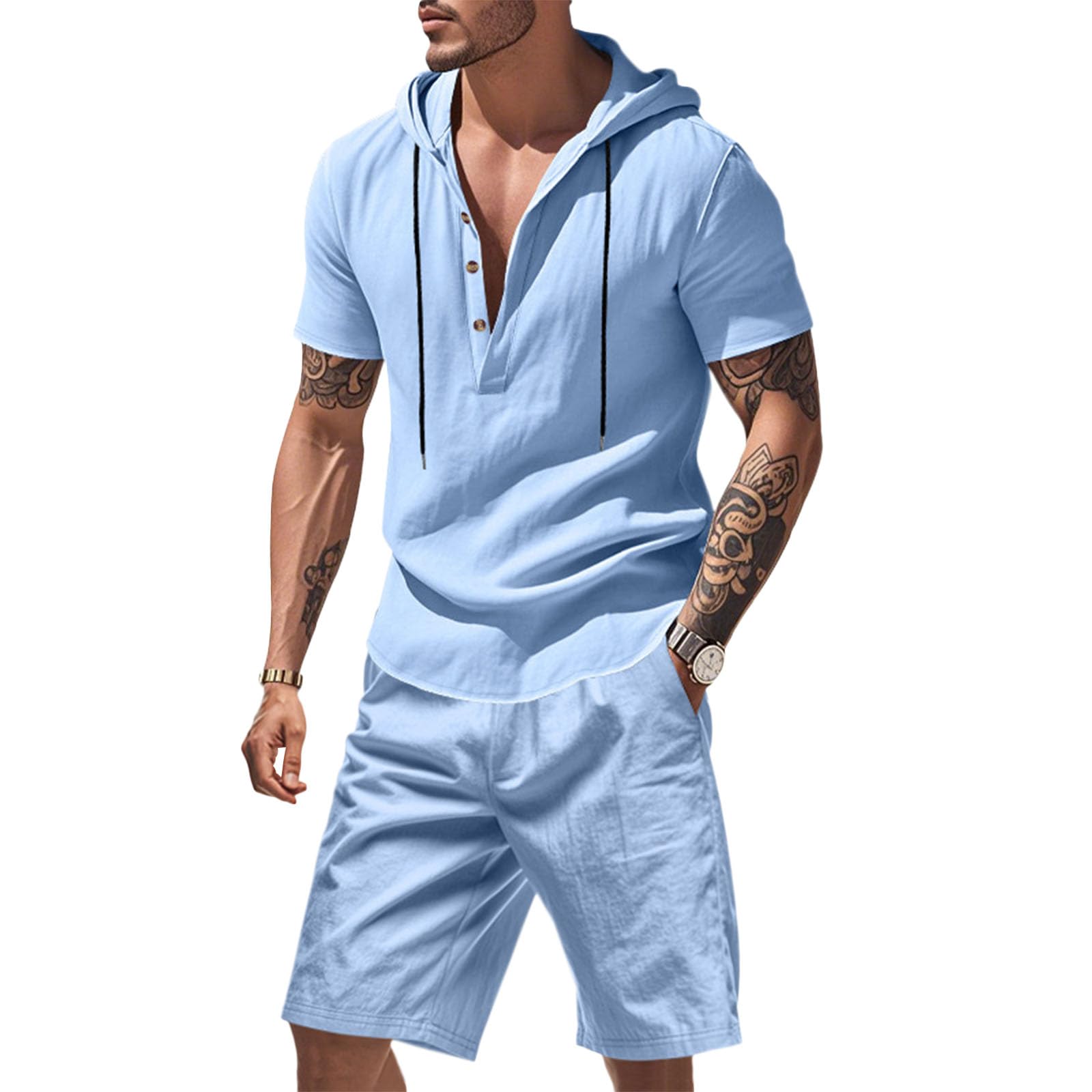 2 Piece Sweatsuits for Men Short Sleeve Hooded Top Casual Cotton Linen Shorts Vintage Beach Plain Sets Outfits