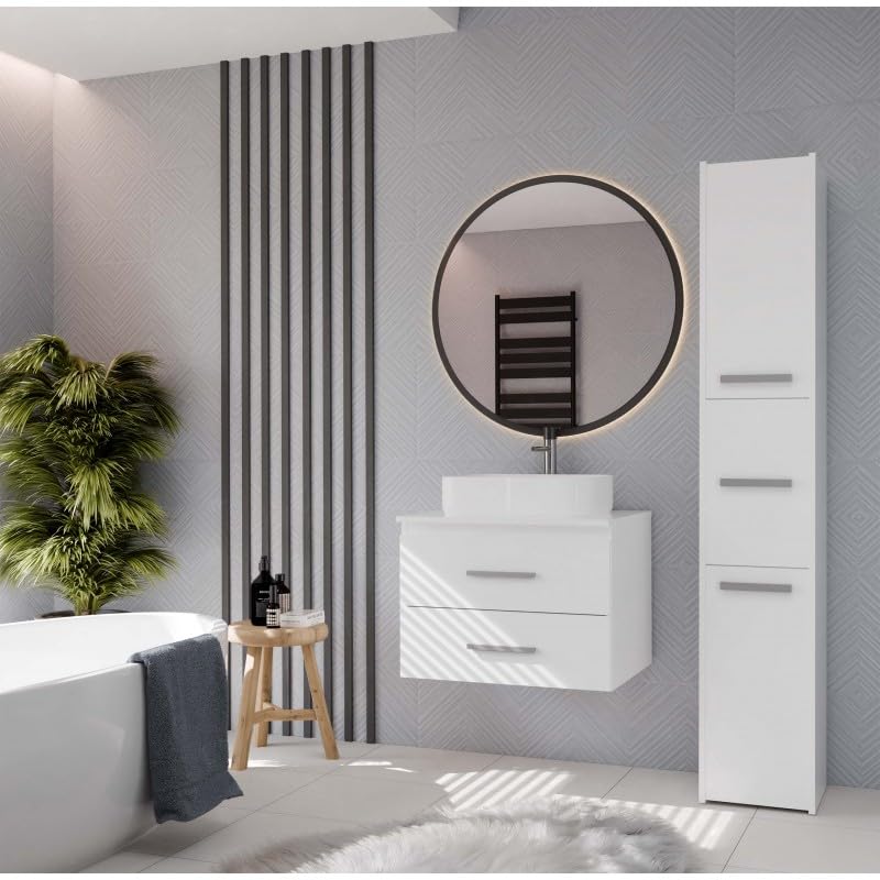 CDF Armario colgante debajo de la encimera, mueble de baño suspendido con 2 cajones para cosméticos accesorios de baño, frentes lisos con asas, moderno, blanco, 60 cm