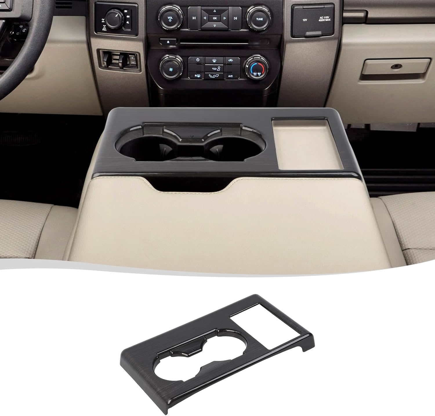 Voodonala for Ford F250 F350 F450 F550 XL XLT Center Console Water Cup Holder Panel Cover Compatible with Ford F250/F350/F450/F550 2017-2022(Black Wood,ABS,1Pc)