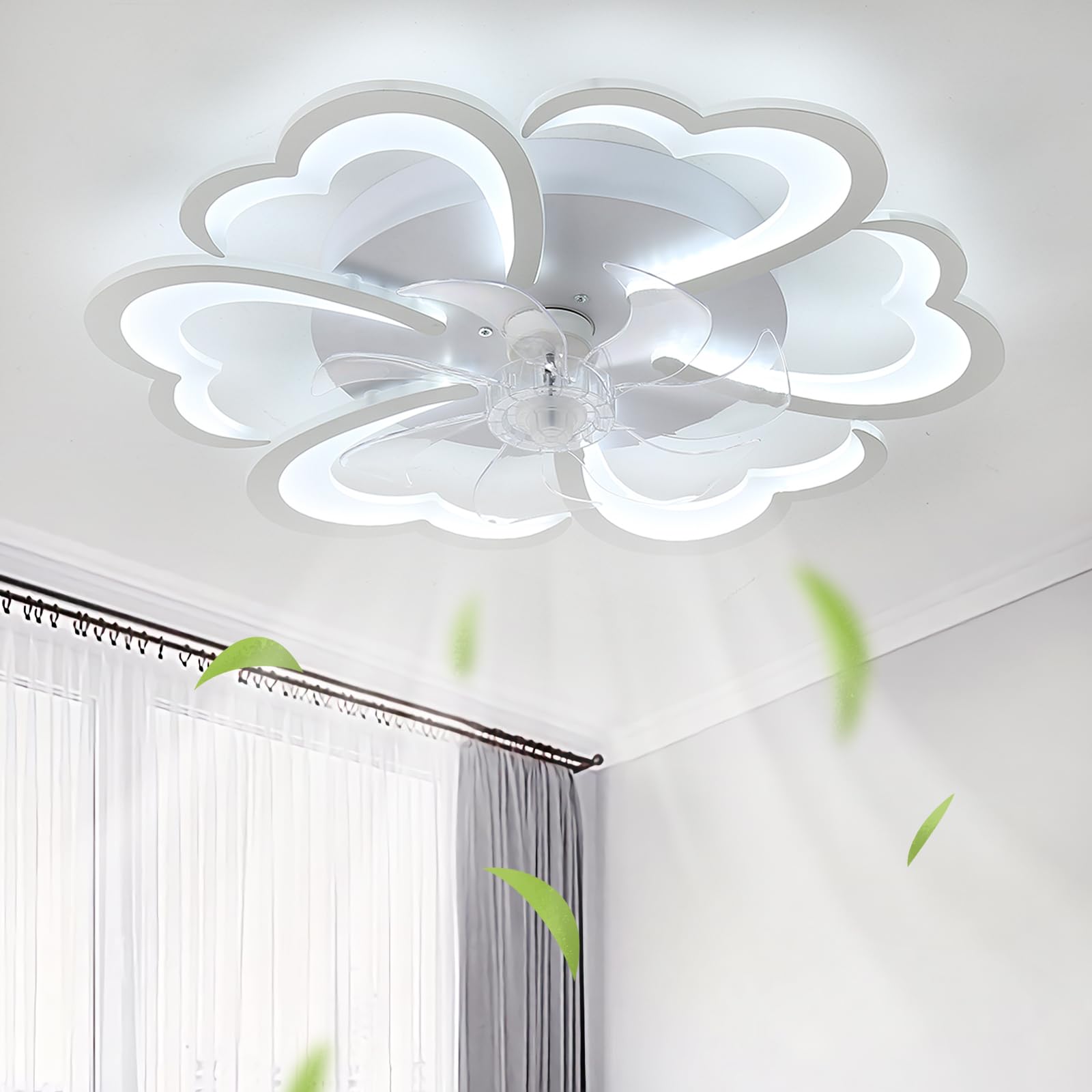 SXDMOUBK Reversible Ceiling Fans with Lights Dimmable Modern Flower Lounge Bedroom Fan Light Ceiling with Remote Control Silent Timer LED 60W Ceiling Light with Fan for Kitchen