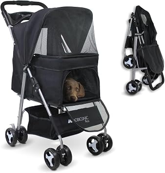 Mobiclinic  Pets Foldable Dog Pram, Up to 15 kg, Ideal for Small Dogs, Pet Stroller, Zuma, Wheels with 360  Brakes, XXL Basket, 3 Windows with Zip and Mosquito Net, Cup Holder Black