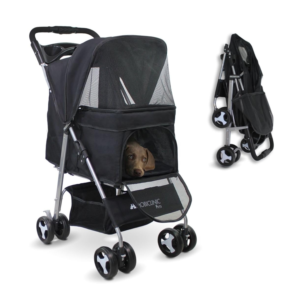 Mobiclinic®, Poussette Buggy Pliable Chien, Les petits et chiens âgés, Zuma, Jusqu'à 15 kg, Roues avec freins à 360°, Panier xxl, 3 fenêtres, Porte-gobelet (noir)