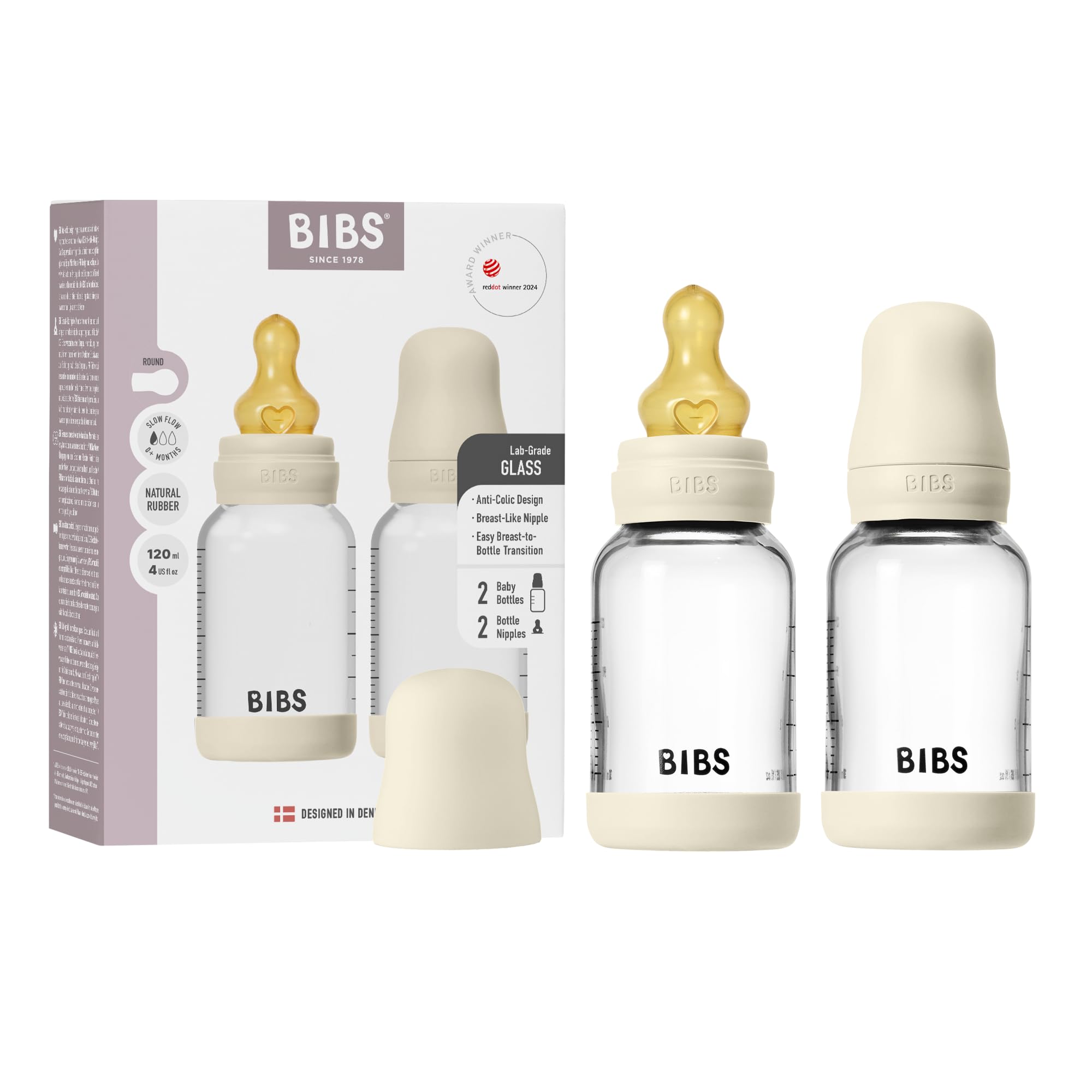 BIBS Biberon en verre, 120 ml, 2-pack, Tétine en latex naturel, Ivory | Anti-colique | Tétine en latex naturel | Débit lent | Adapté à l’allaitement | Fabriqué au Danemark | Tétine BIBS