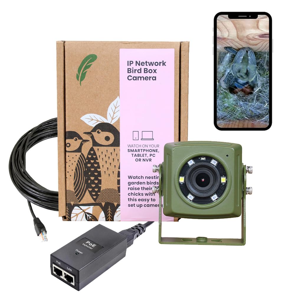 Green Feathers Wired Network Bird Box & Wildlife HD Camera PoE Version (Camera & 20m Cable - UK Power Supply)