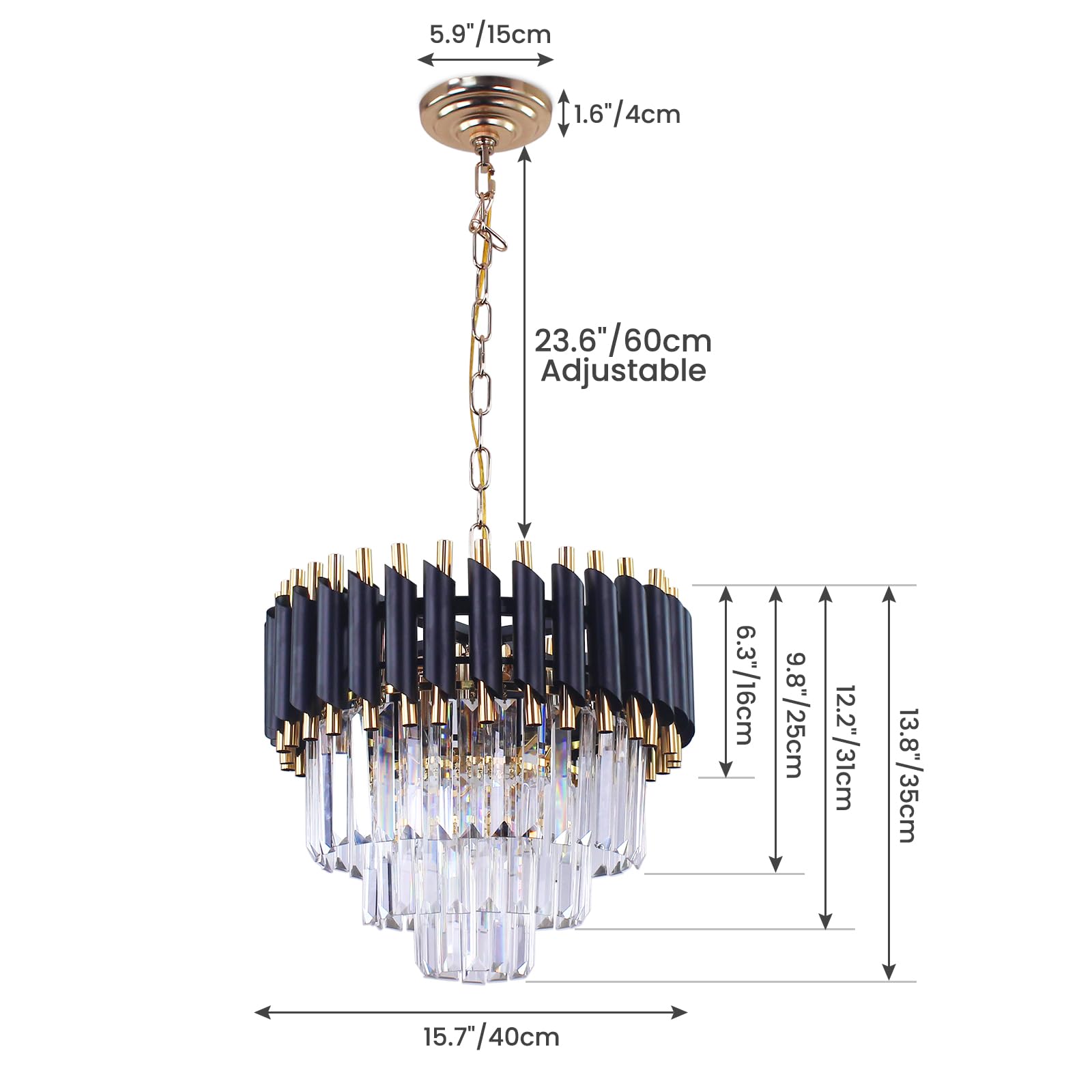 Lustre Suspendu Cristal Doré 3 Niveaux - Lumière LED Moderne Pour Salle à Manger, Salon - D40cm, 4xE14 - 3