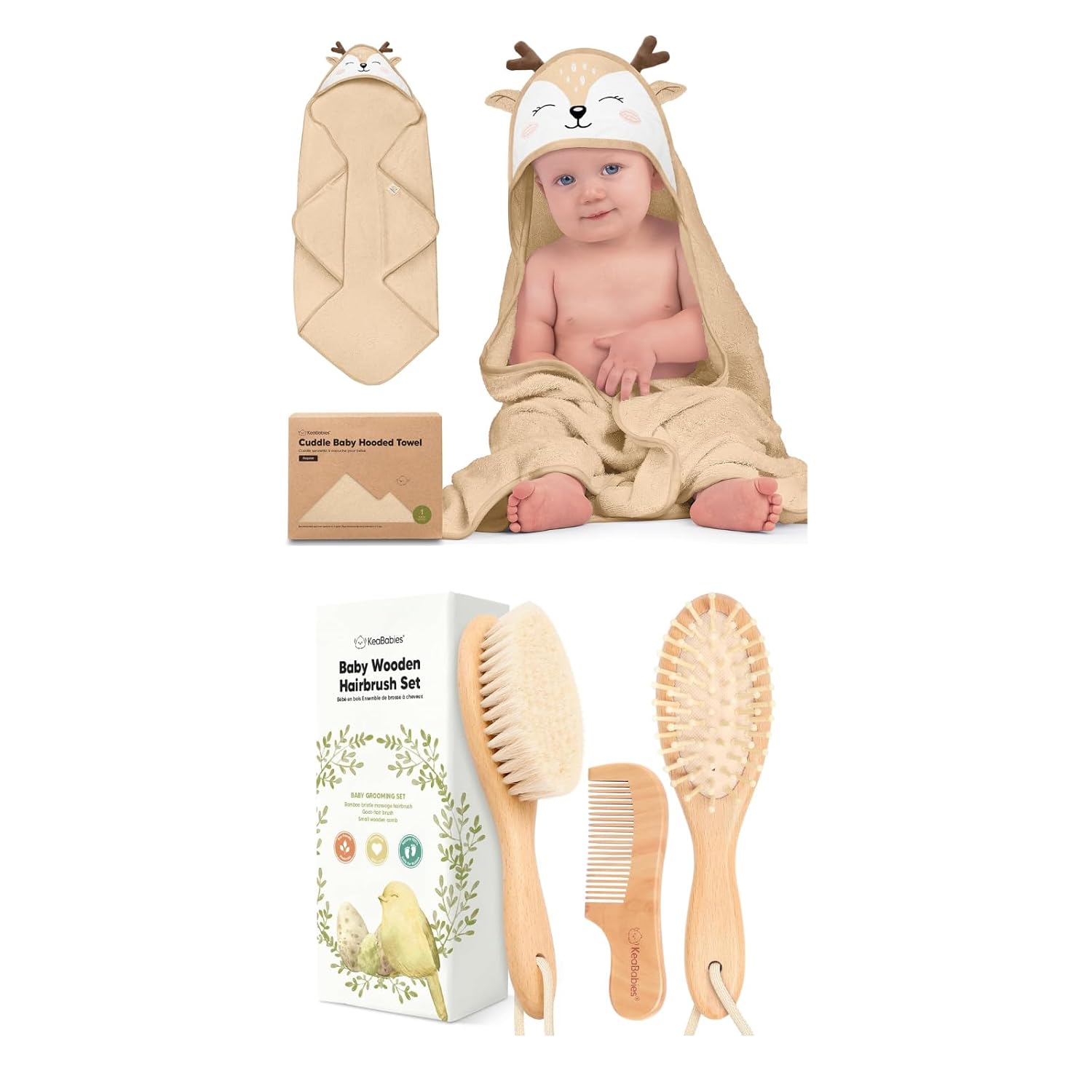 KeaBabies Baby Hooded Towel and Baby Hair Brush and Comb Set - Soft Bath Towels with Hood for Toddlers, Wooden Brush with Soft Goat Bristle for Girls, Boys, Toddlers