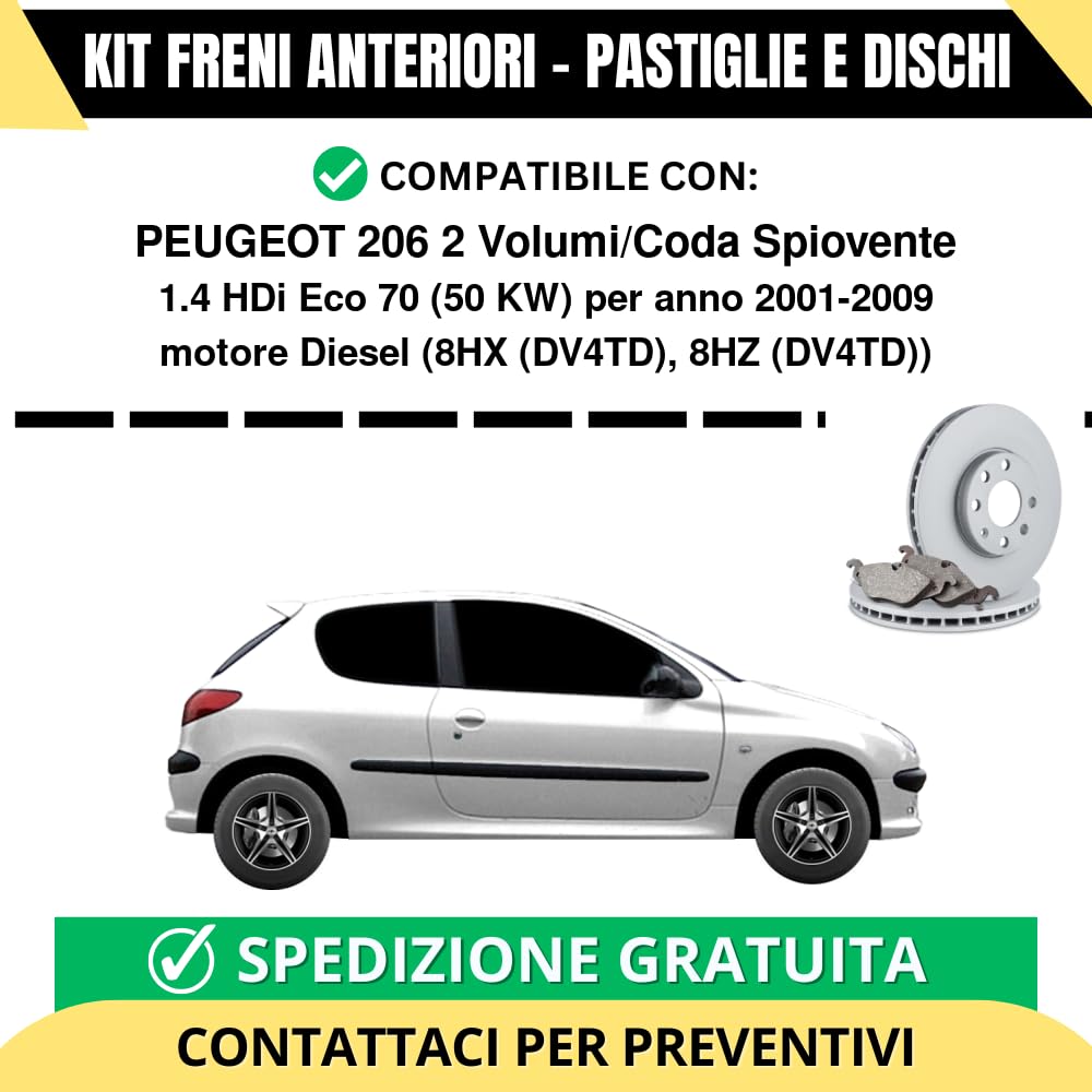 Set Freni Anteriore Completo Per Peugeot 206 - Dischi 247mm Ventilati + Pastiglie Bosch