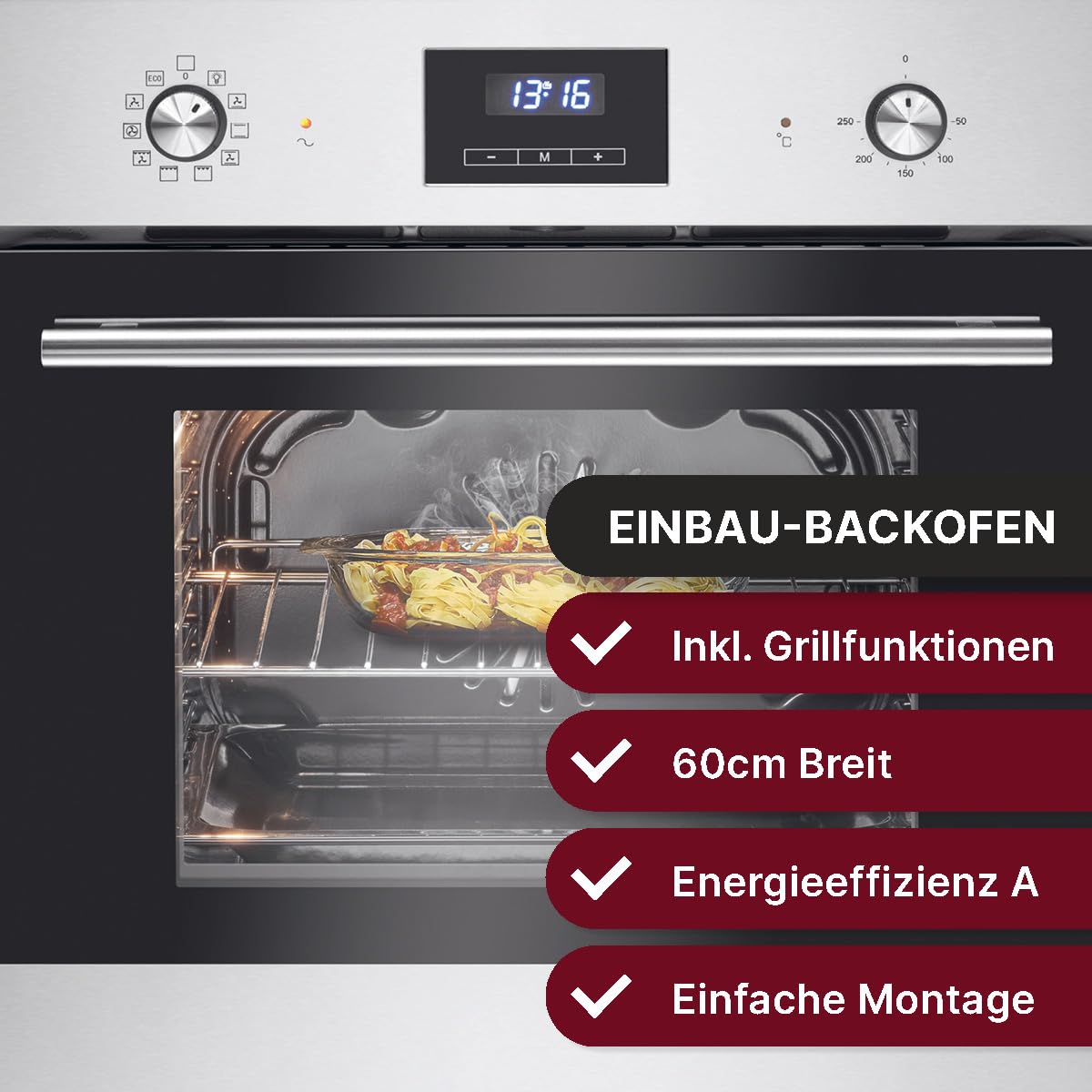 Bomann® Einbaubackofen mit Grill | Heißluft & Ober-/Unterhitze | Backofen 56L | Ofen mit 50°C - 250°C Bereich & Touch Control | Oven mit 9 Backofen-Funktionen & aushängbarer Tür | EBO 7911 inox