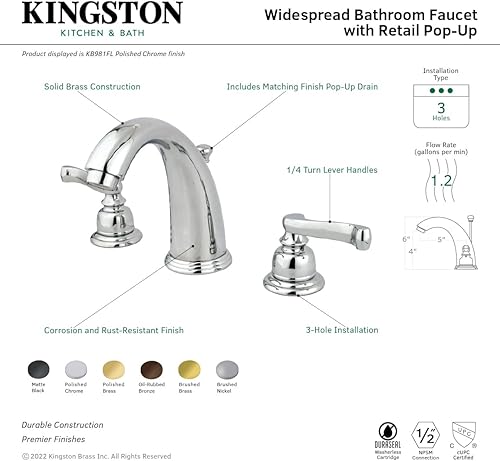 Miniatura 3 de Kingston Brass KB982FL Royale Grifo de lavabo generalizado con latón emergente, latón pulido, centro ajustable de 8 pulgadas