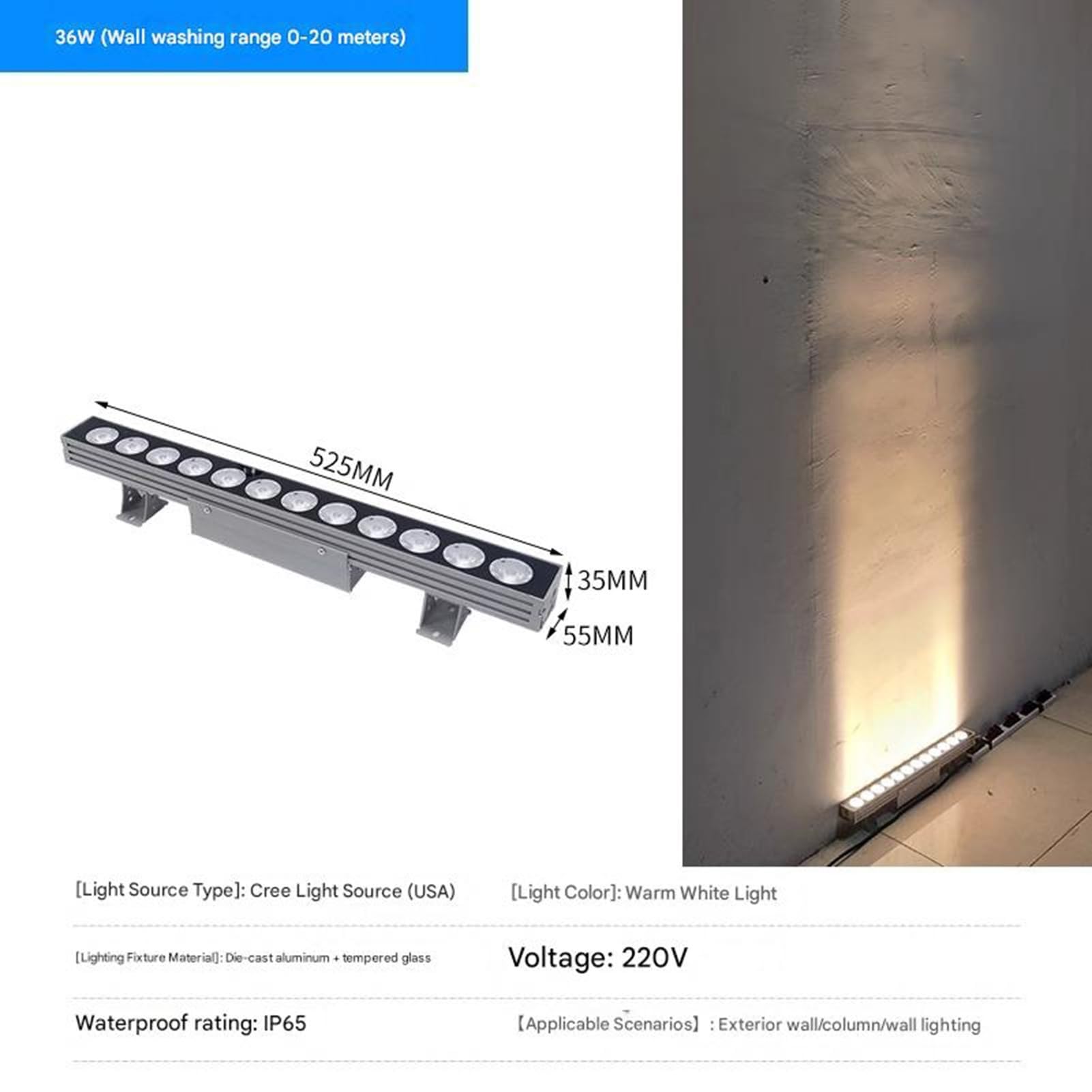 Luz De Pared Con Tira LED - Foco LED De Haz Largo, Proyector De Pared De Largo Alcance Para Exteriores De 220V, Luces De Paisaje Iluminación De Patio Impermeable IP65(Golden light,36W(AC220V))