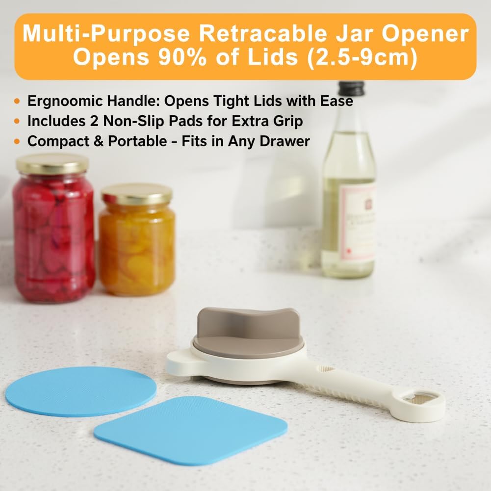 Effortless Jar Opener Tool for Weak Hands, with Silicone Gripper Pad, Ergonomic Kitchen Gadget for Seniors & Arthritis Sufferers - Fits All Jar & Bottle Sizes