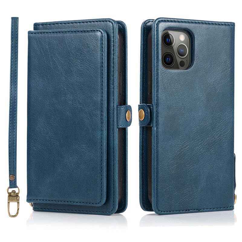 Étui iPhone 13 bleu à rabat magnétique avec portefeuille en cuir de 6,1 pouces