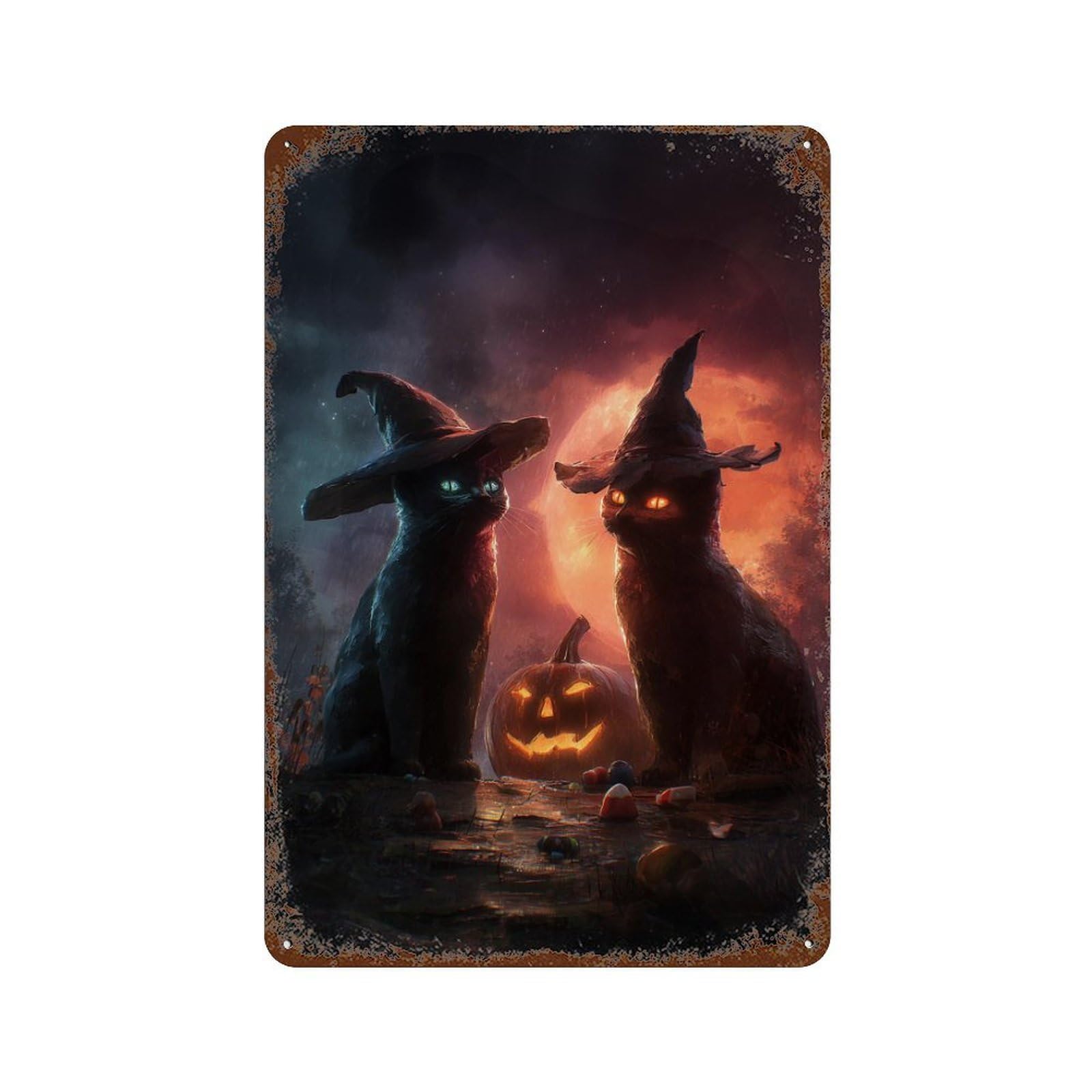 Halloween Witch Cats Decorative Tin Sign 11.8"x7.9", Vintage Wall Decor for Basement, Hobby Room And Garage Decor