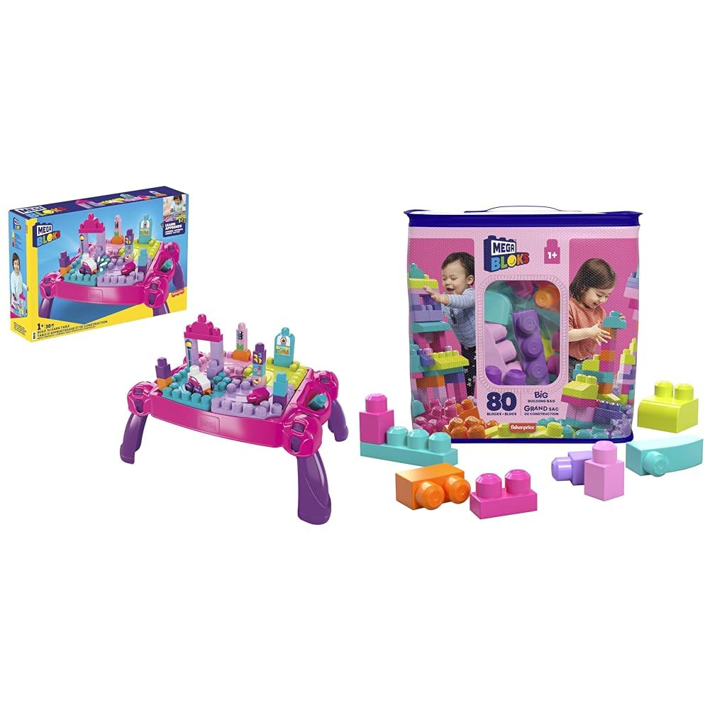 BLOKS Build 'n Learn Table, Pink Bloks First Builders Big Building Bag