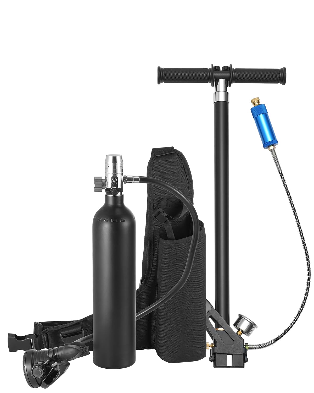 VEVOR Bombola Subacquea Portatile, capacità del Cilindro 1 L Bombola di Ossigeno per Immersioni, Supporta 15 a 20 Minuti di Respirazione Subacquea, profondità di Immersione 30 m con Pompa, Nero