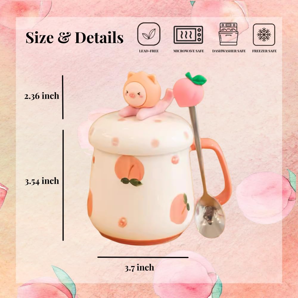 Fruit and Animal Coffee mug Pineapple Strawberry Peach, Bear Rabbit Piggy Cup, All-in-one Cup Lid Phone Holder, Spoon (Peach Piggy)