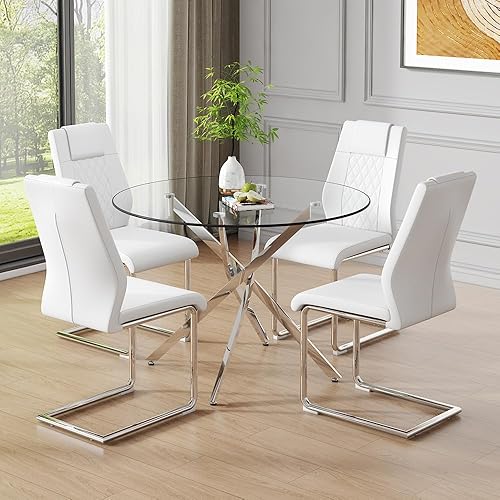 Miniatura 12 de Mesa redonda de comedor de vidrio para 2 a 4, moderna mesa superior de vidrio templado, patas cromadas resistentes, almohadillas ajustables, mesa de