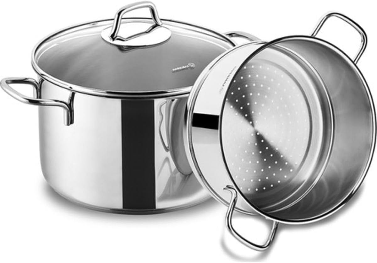 Korkmaz Perla Stainless Steel Steamer Cooking Pot Cooker Double Boiler Stack Insert with Glass Lid, 4-Quart, a1521