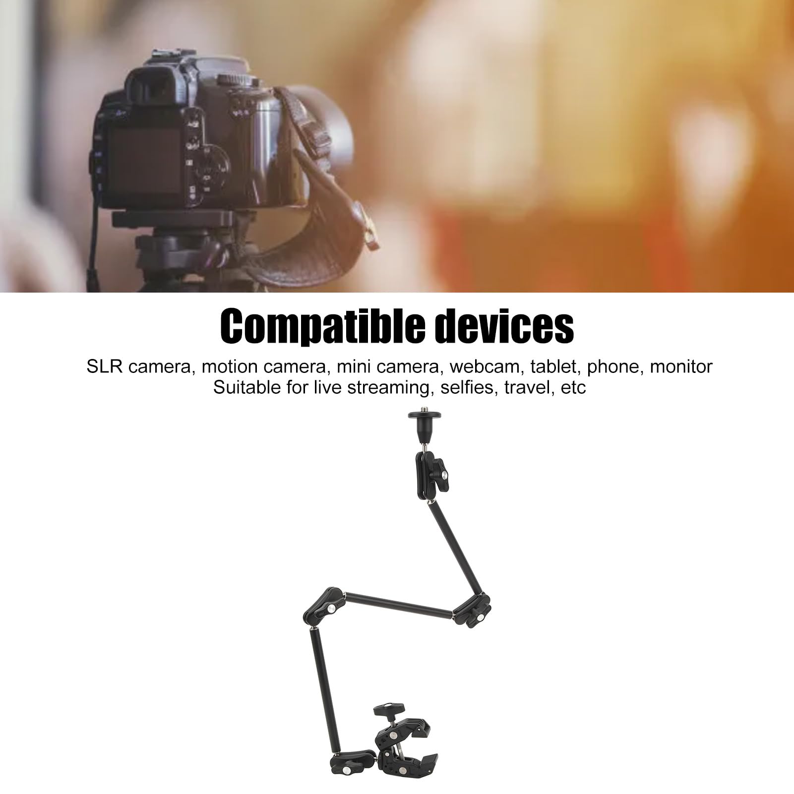 Braccio di Attrito Articolato Regolabile con Gomma Antiscivolo per Fotocamere DSLR, Mini Fotocamere e Altro in Acciaio Inossidabile 1/4 3/8 Pollici