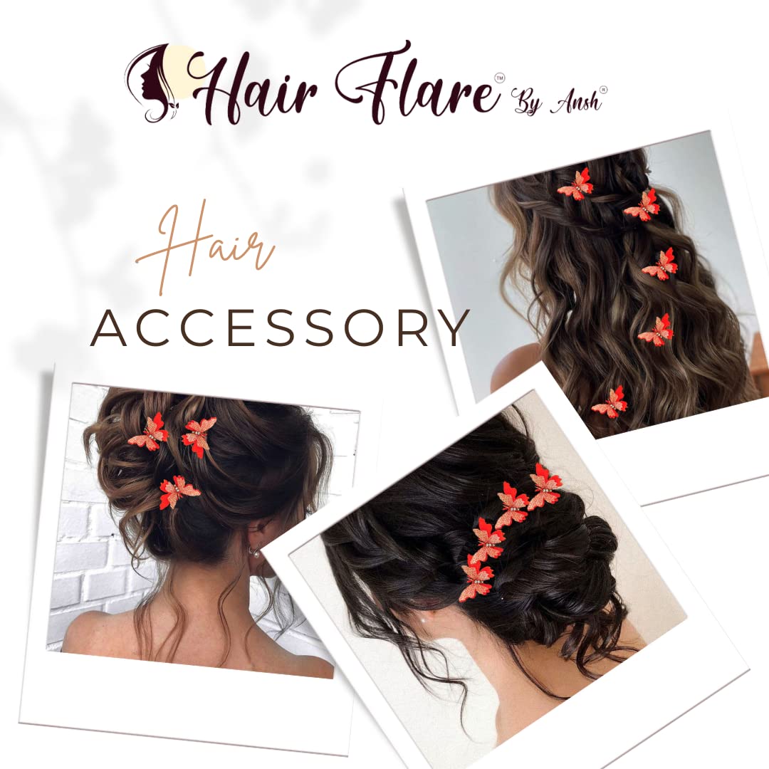 Hair Flare Velvet Butterfly Hair Pin/Comb Slide Designed Hairpin/Side Juda pin/Bridal Hair Accessories- 2462, Orange, Pack of 6 2