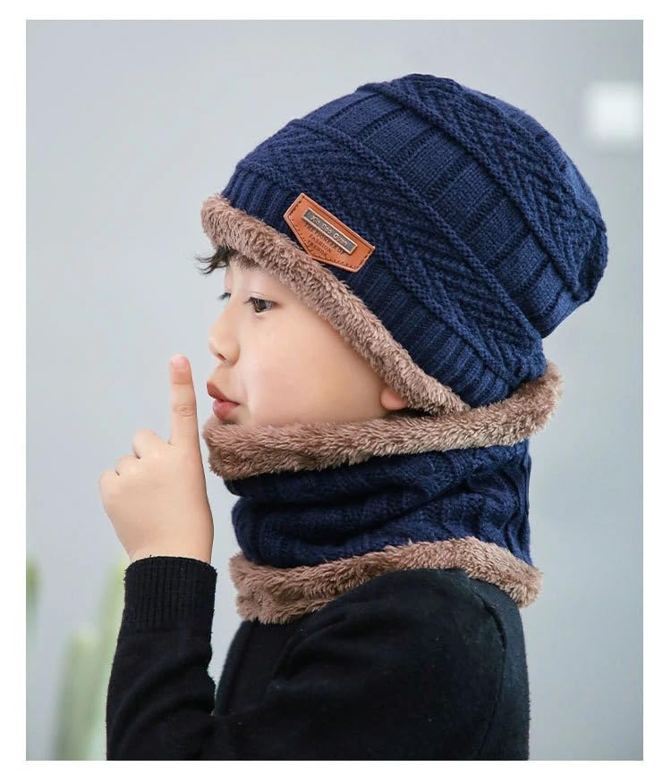 Image of Woolen Winter Cap with Neck Scarf for Boys and Girls /Kids Winter Cap (Age 5-14 Years)