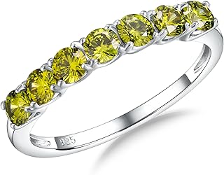 925 Sterling Silver Birthstone Rings for Women Created Gemstone Half Eternity Band 7 Stone Cubic Zirconia Wedding Band Birthstone Jewelry Size 6-10