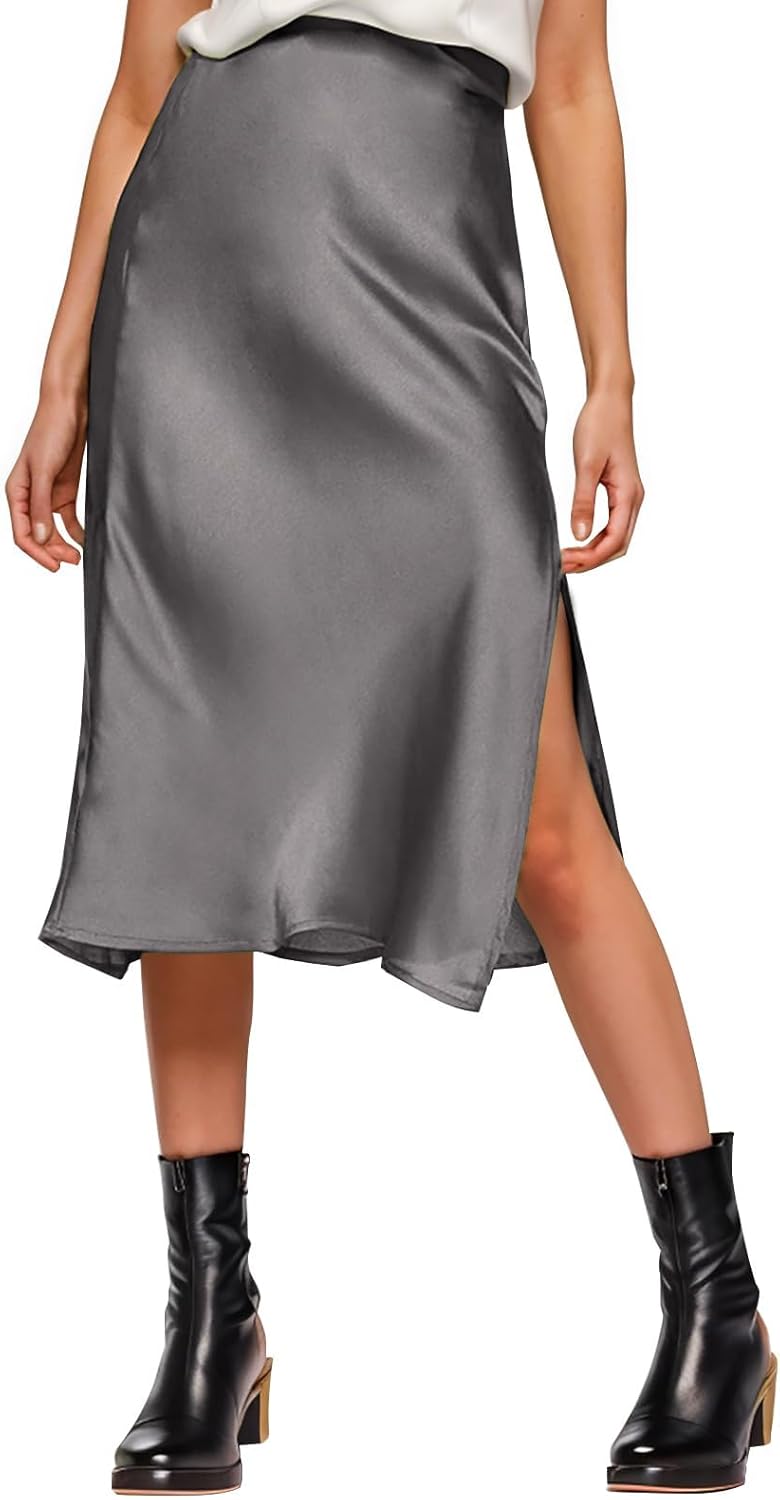 Womens Satin Silk High Waist Slit Midi Skirt Elastic Waistband Midi Skirts for Women