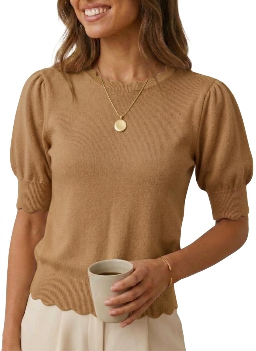 MONORA Short Sleeve Sweater for Women Pullover Knit Tops Scalloped Crewneck Puff Sleeve 2026