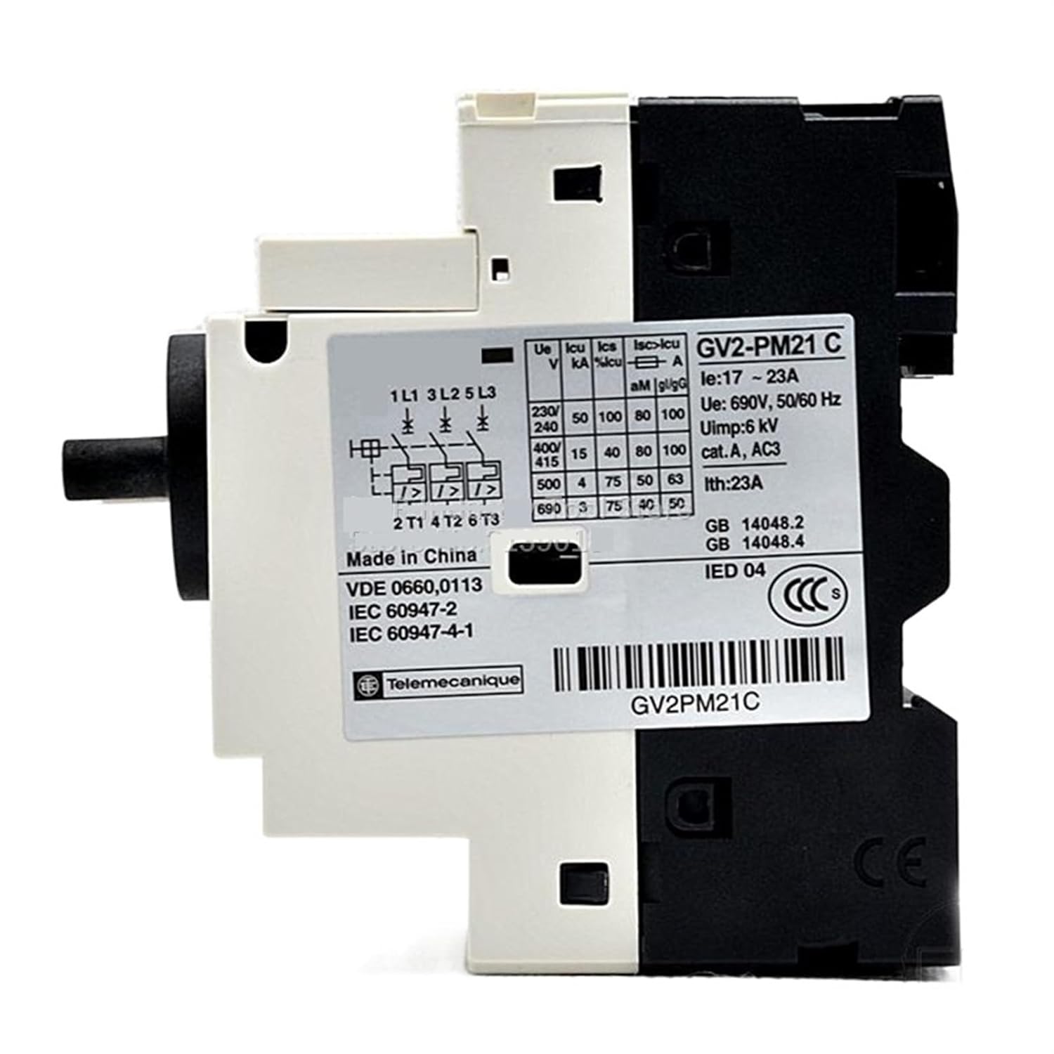 Detailed side view of XIBANY GV2-PM21C Motor Circuit Breaker technical specifications