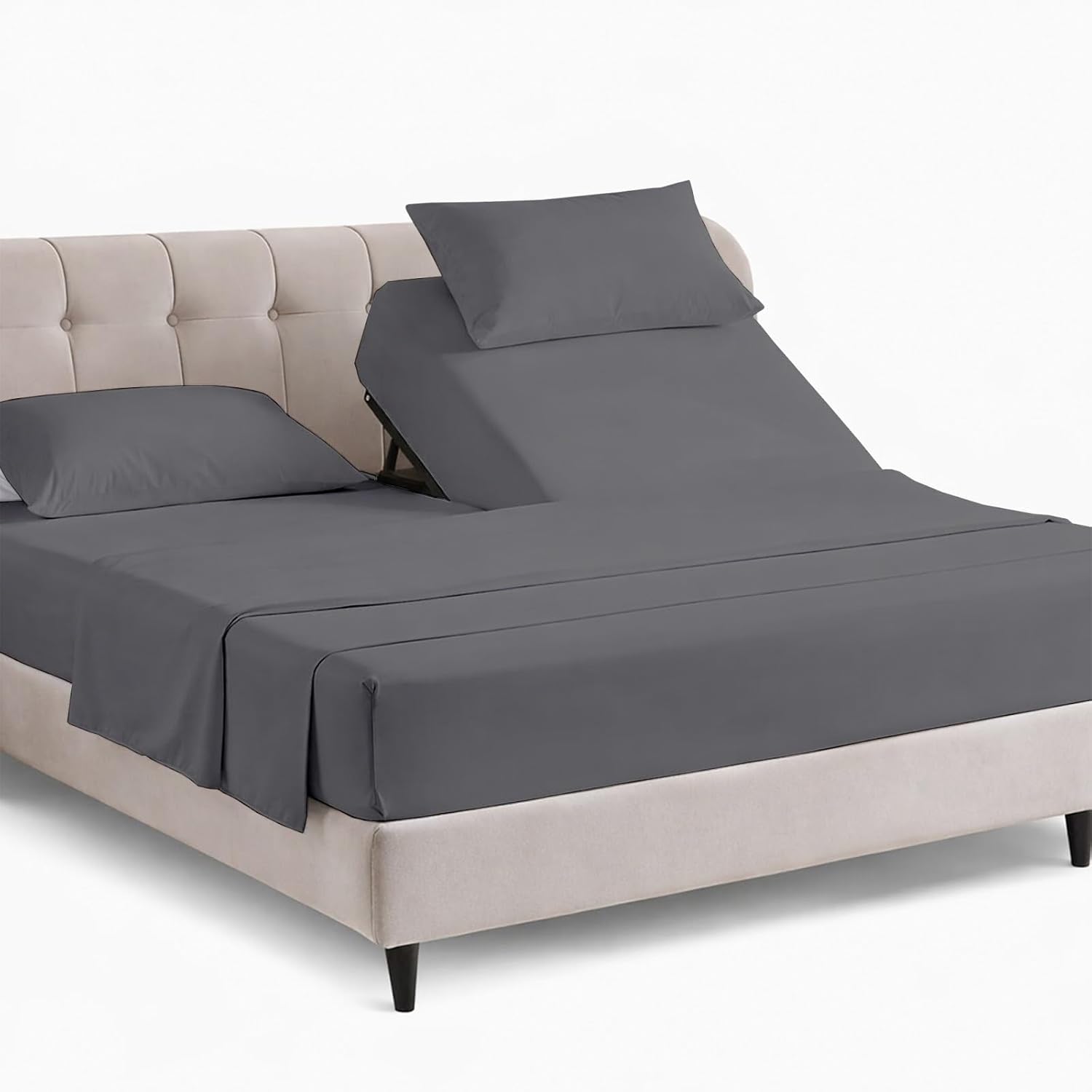 Split Head King Sheet Set 4 Piece, 100% Egyptian Cotton Split Top King Sheets 34" Split for Adjustable Beds, 16" Deep Pocket Luxury Hotel Quality Cooling Soft Breathable Bed Sheet Set, Dark Grey