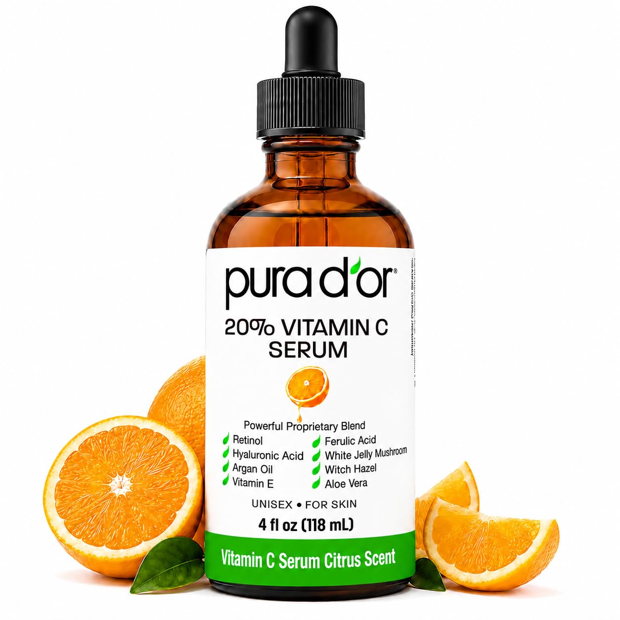 Pura D'Or 20% de vitamine c sérum (118 ml) avec l'acide hyaluronique, acide férulique, la vitamine e, super antioxydants, huile d'argan et aloe vera - force professionnelle