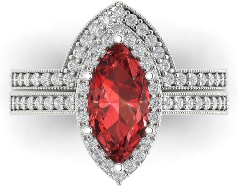Clara Pucci 2.26 ct Marquise Round Cut Halo Solitaire Natural Red Garnet Designer Art Deco Statement Wedding Ring Band Set 18K White Gold