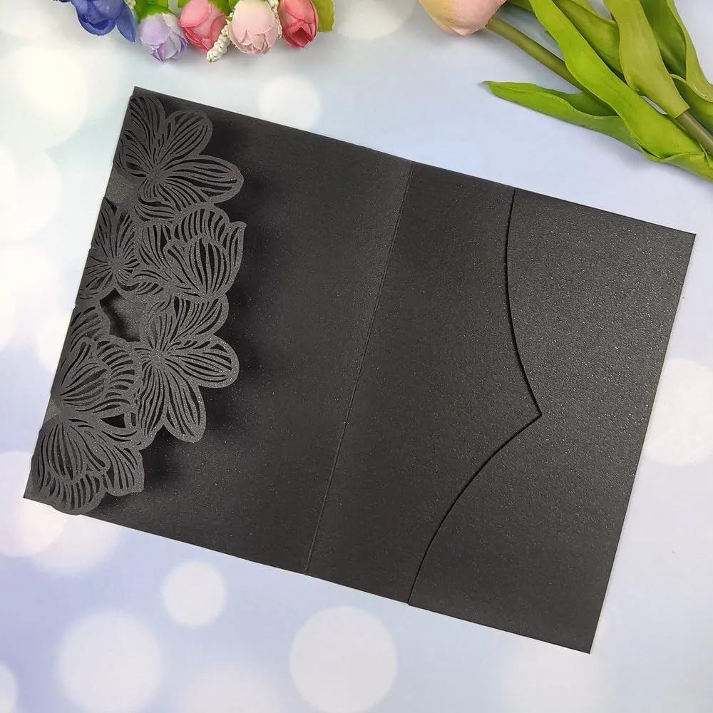 Faire-Part De Mariage Kit de 50 Cartes d'invitation de Mariage à Trois Volets découpées au Laser, Feuilles Vertes et Bleu Marine, Pochette d'invitation personnalisée(Blue1,Laser Cover Only)