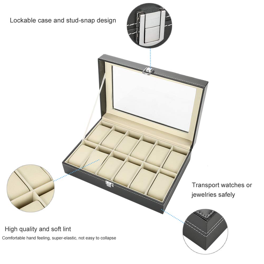 Organizzatore di scatole di immagazzinaggio per vetrine per orologi in pelle PU con 12 griglie per custodia per orologi con copertura in vetro con chiusura a chiave da viag