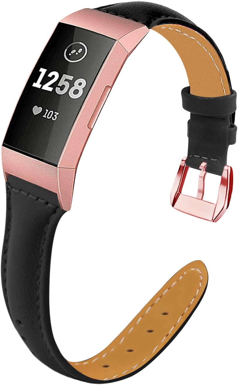 Strap Compatible Fitbit Charge 3, Genuine Leather Replacement Fitness Accessories Stainless Metal Clasp Smartwatch Wristband Women Men, Floral, Shiny, Classic