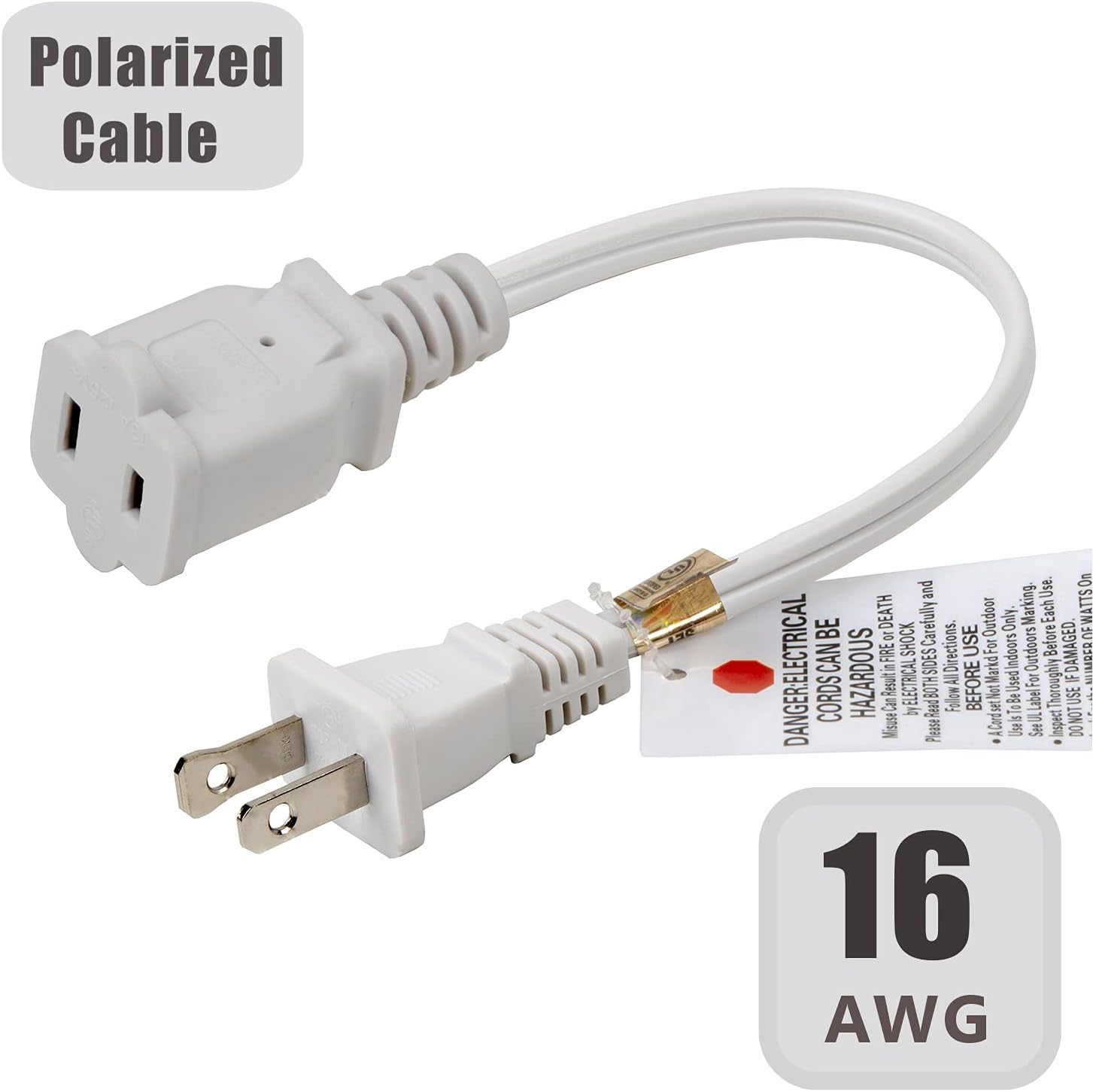 White Short 1-Foot 1FT Polarized US 2-Prong Male-Female Extension Power Cord Cable, 16AWG 2 Outlet Extension Cable Cord 10A/125V,Nema 1-15P to 1-15R Extension Cable…
