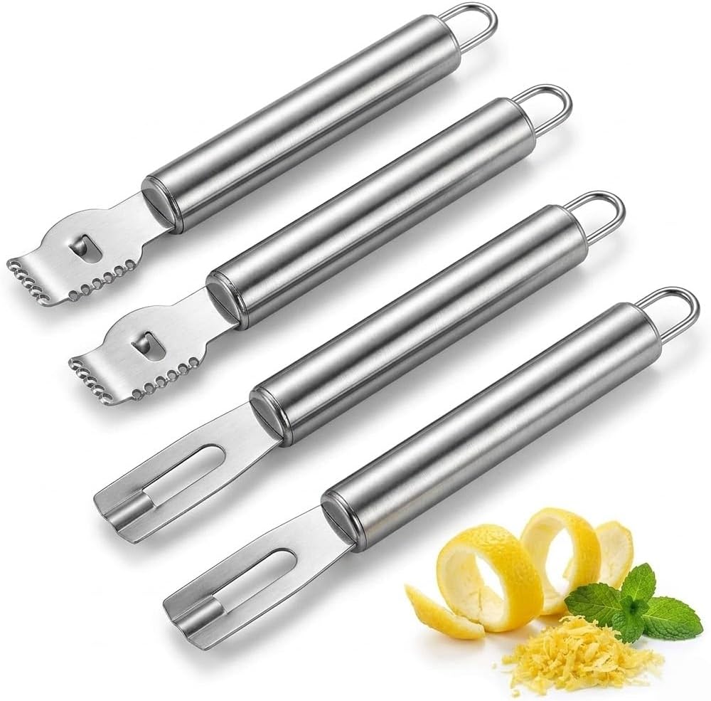 4 Pack Lemon Zester and Channel Knife - Stainless Steel Citrus Peeler, Orange Zester Tool for Cocktails, Garnishing, Bartenders, Baking - Silver