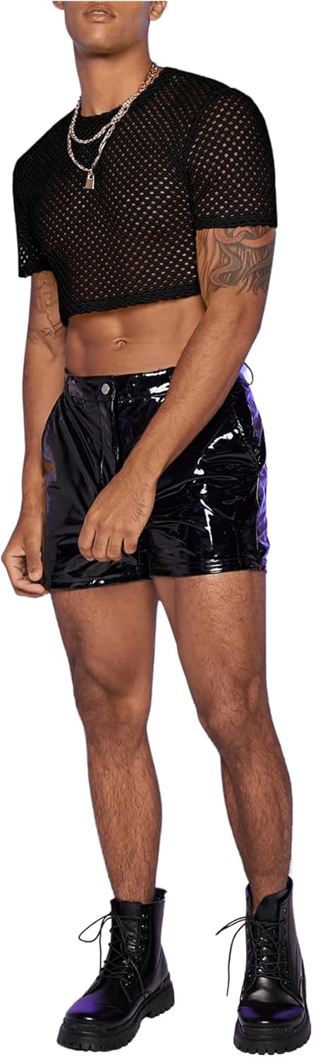 WDIRARA Men's Fishnet Mesh Tee Shirt Round Neck Short Sleeve Crop Top - Image 3