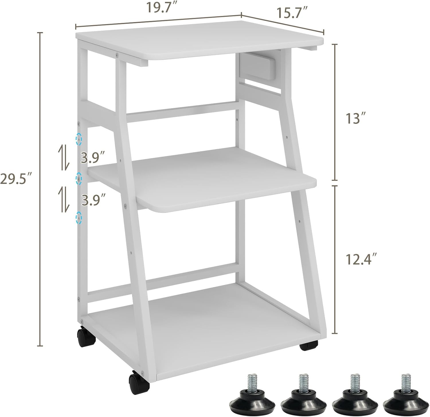 Natwind 19.7"x15.7" Printer Stand,3 Tier Printer Table with Charging Station, Rolling Cart with Adjustable Storage Shelf for Home Office Organization, Stand for Heat Press,3D Printer (White)