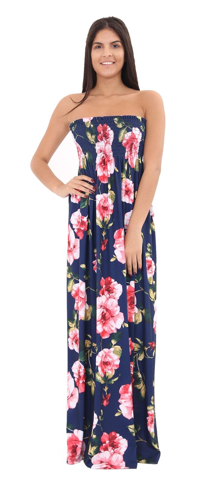 Girlzwalk Women's Navy Floral Strapless Maxi Dress Sheering Boob Tube Bandeau Printed Long Dress (, Xxl 20-22)