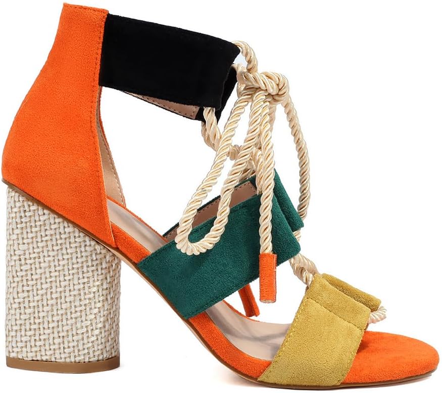 Feinlina Suede Lace Up Sandals for Women Chunky Block Braided Heel Retro Rope Strap Comfortable Dressy Casual Shoes - Image 3