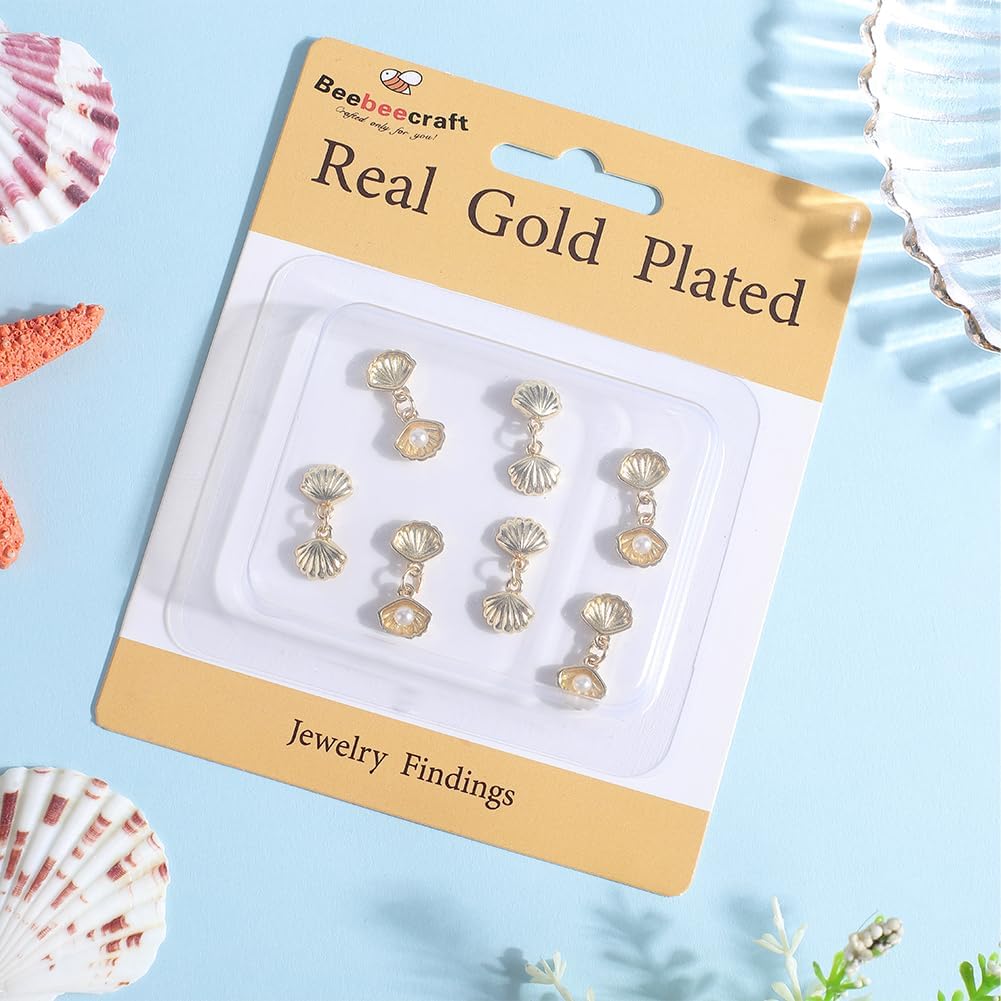 Beebeecraft 1 Box 10Pcs Real 18K Gold Plated Seashell Charms Open Shell Pendant Charm with Round Plastic Imitation Pearls Ocean Animal Pendants Findings for Jewelry Making Necklaces Supplies DIY Craft