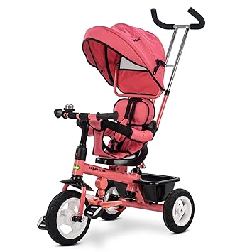 Baybee Mario Sportz Trikes Tricycle for Kids, Baby Cycle with Parental Adjust Push Handle, Canopy, Rubber Wheels & Storage | Kids Cycle Tricycle | Cycle for Kids 1.5 to 5 Years Boys Girls (Dark Pink)